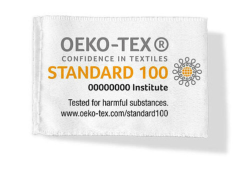 Close up of Oeko Tex 'Confidence in Textiles' Standard 100 clothing label