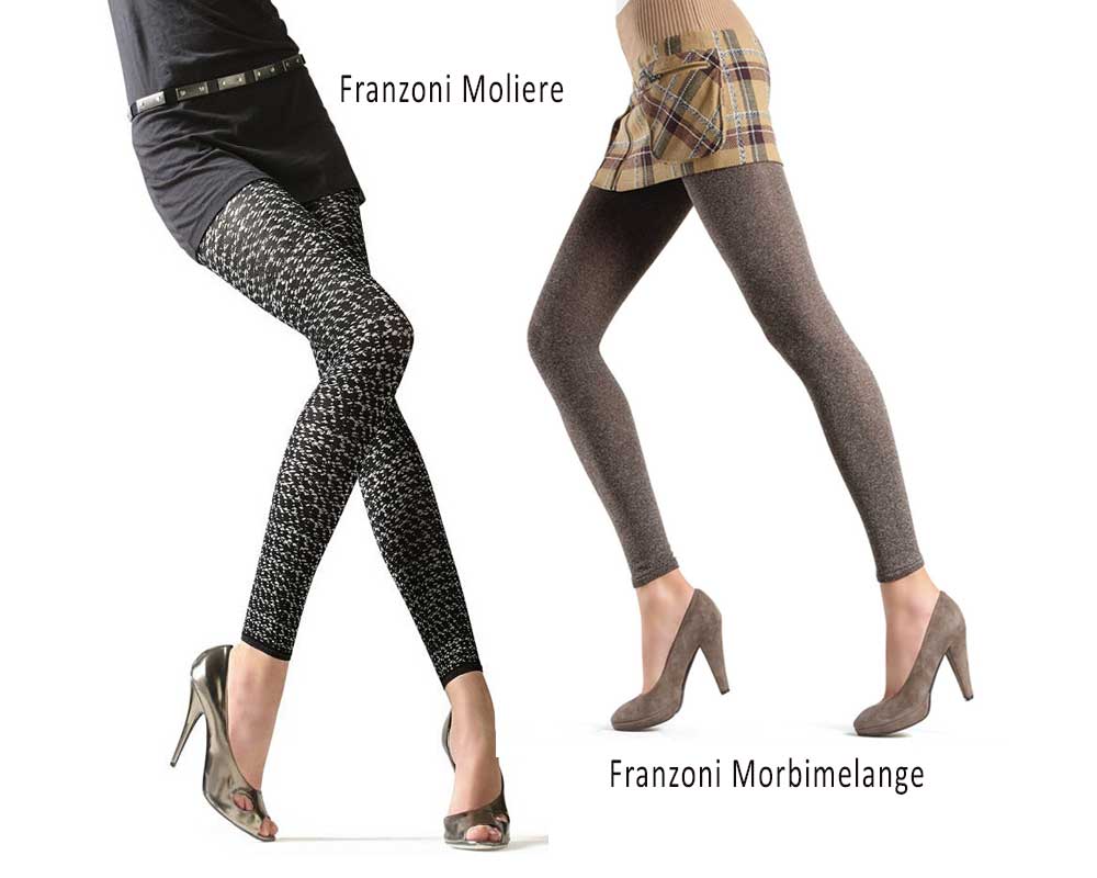 Two pairs of women's legs in opaque, patterned footless tights and high heels.