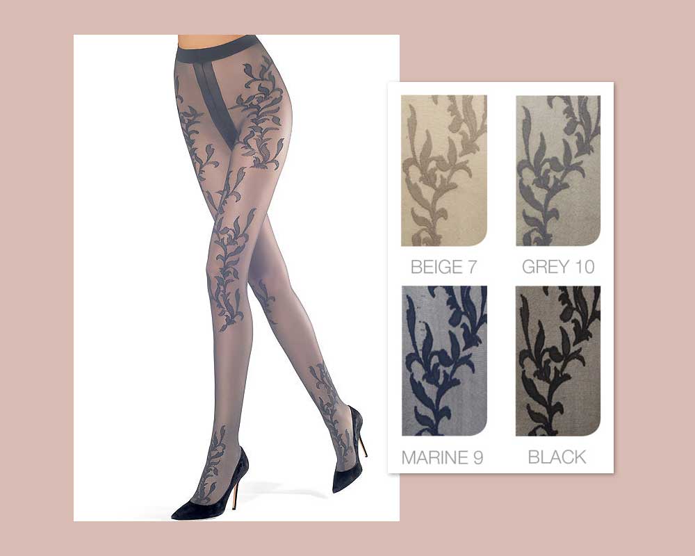Woman's legs from waist to toes in sheer grey tights with bold leaf motif and black high heels, right of legs is a 4-square color swatch showing available colors for this design. 
