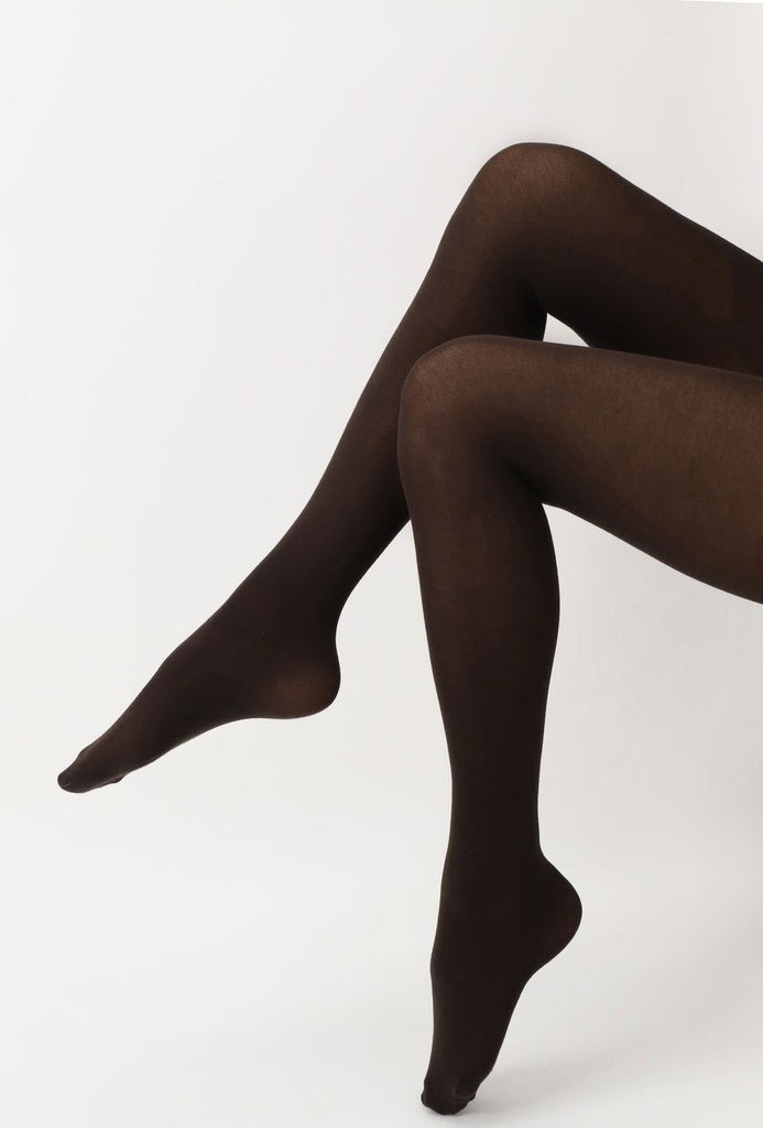 Side view of lady's legs in dark brown tights.