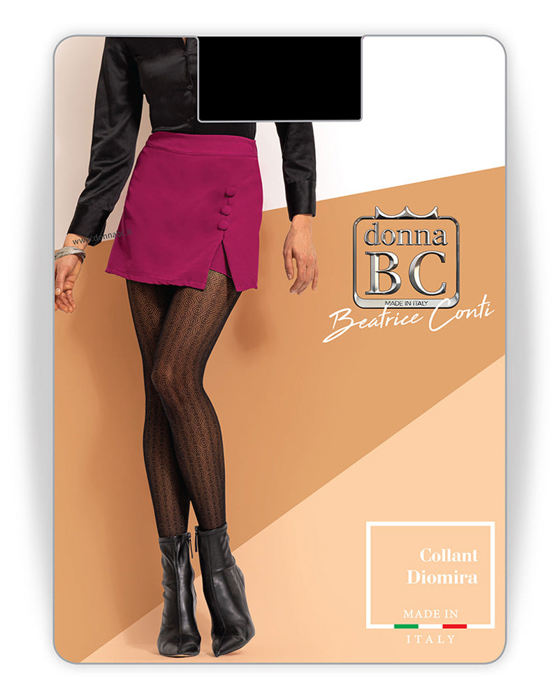 Front packaging of a pair of pattern tights by Donna BC. 