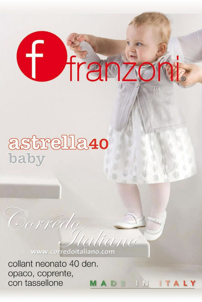 Front cover of Franzoni Astrella baby sheer tights packet depicting a baby walking on steps.
