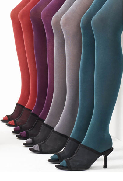 Ladies legs displaying coloured opaque tights and black heels.