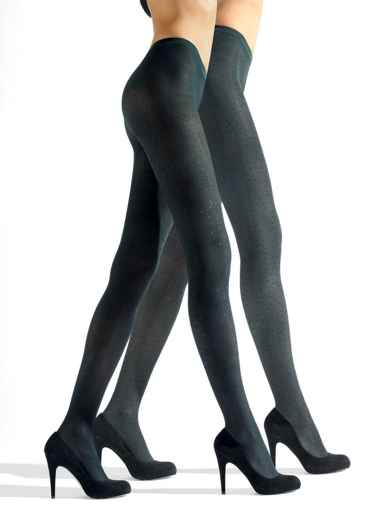 Side view of lady's legs in black flecked tights and heels.