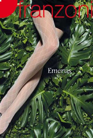 Lady's legs against a background of green plants wearing sheer diamond tights.