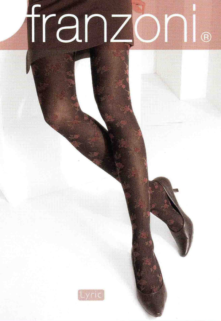 Hosiery packet displaying lady's legs wearing chocolate brown tights with pink and green floral print.