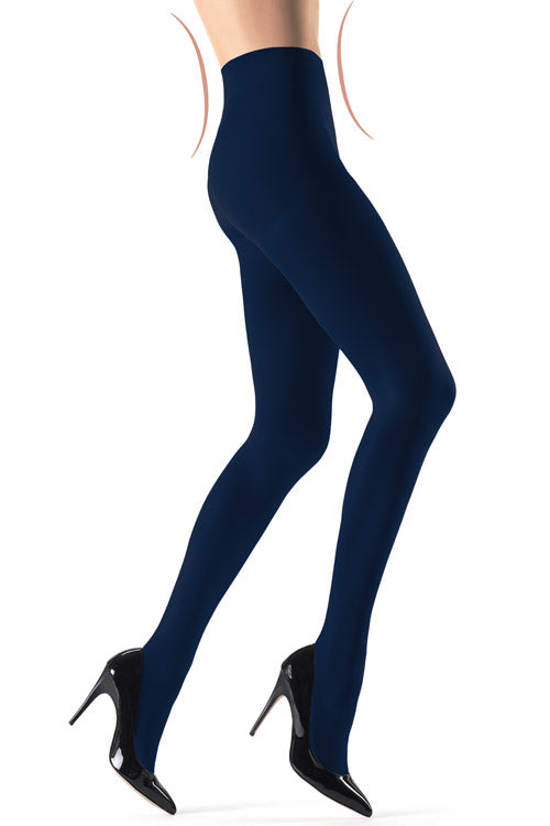 Side view of lady's legs in dark blue slimming tights and black heels.