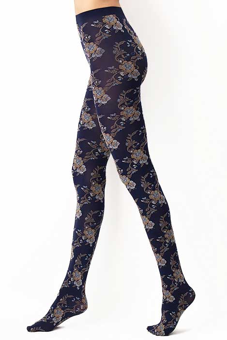 Side view of lady's legs in blue floral tights.
