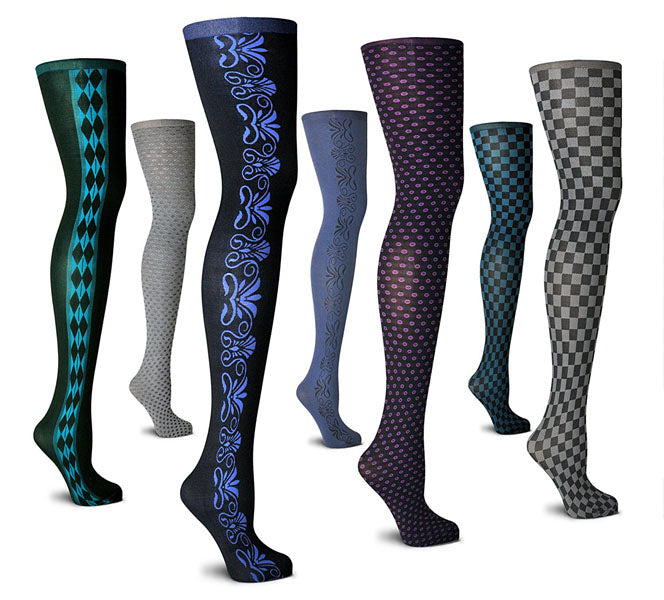 Franzoni array of reversible tights in various colours and patterns on shop plastic leg models