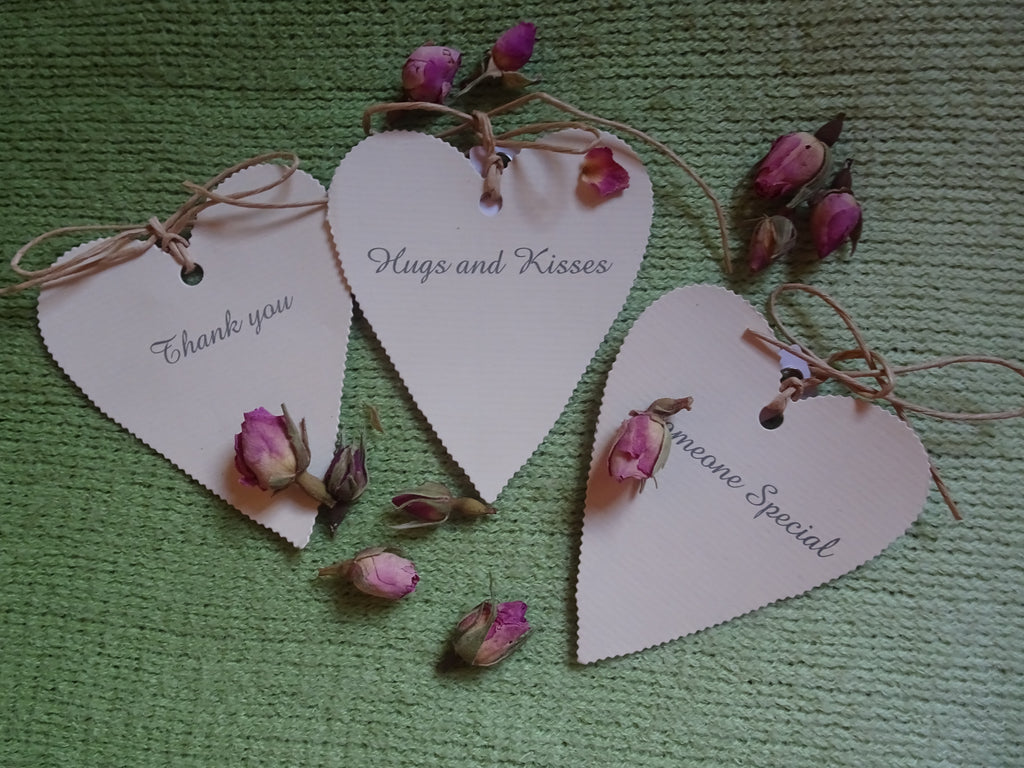 Heart shaped latte coloured gift tags tied at the top with a string sitting on a green background with scattered hearts