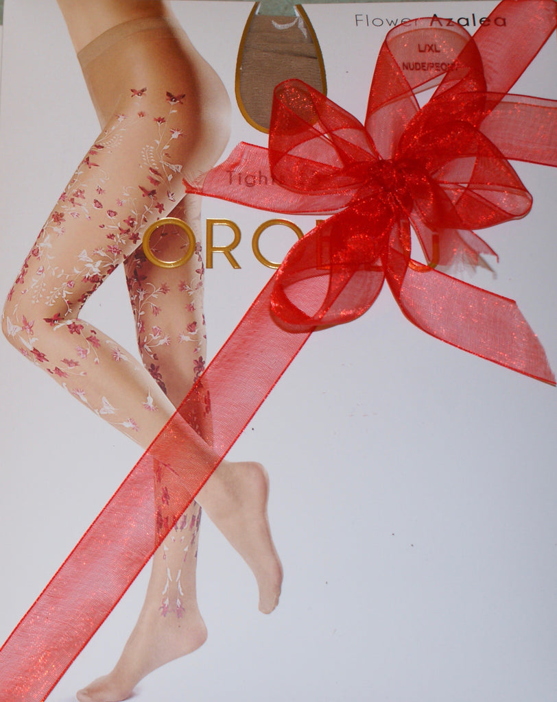 Packet of ladies flower azalea sheer Oroblu tights tied with a red bow.