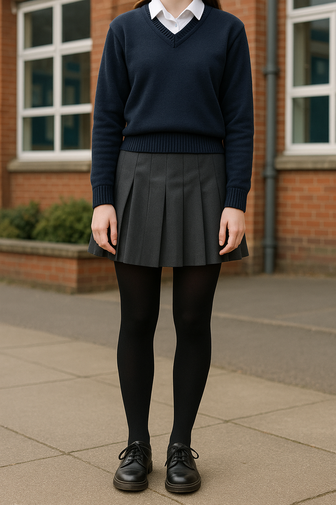 Close up of school girls legs, wearing black opaque tights and black lace up shoes.