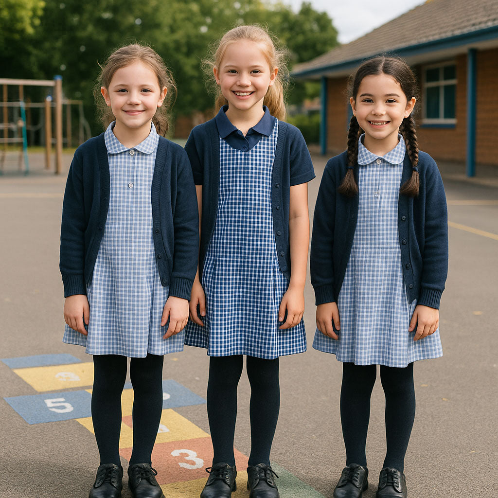 Three schoolgirls in uniform, standing in the school yard.