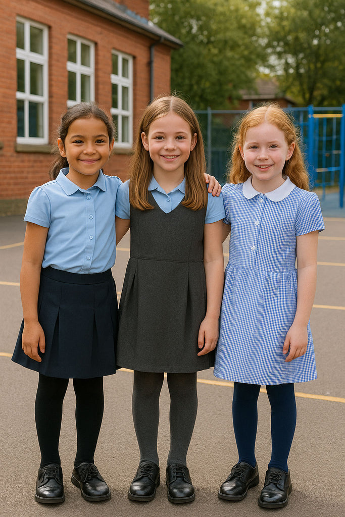 Three school girls standing in their school uniforms outside a classroom.