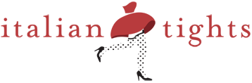 Italian Tights company logo stylised red dress with running legs in black polka dot tights and high heels