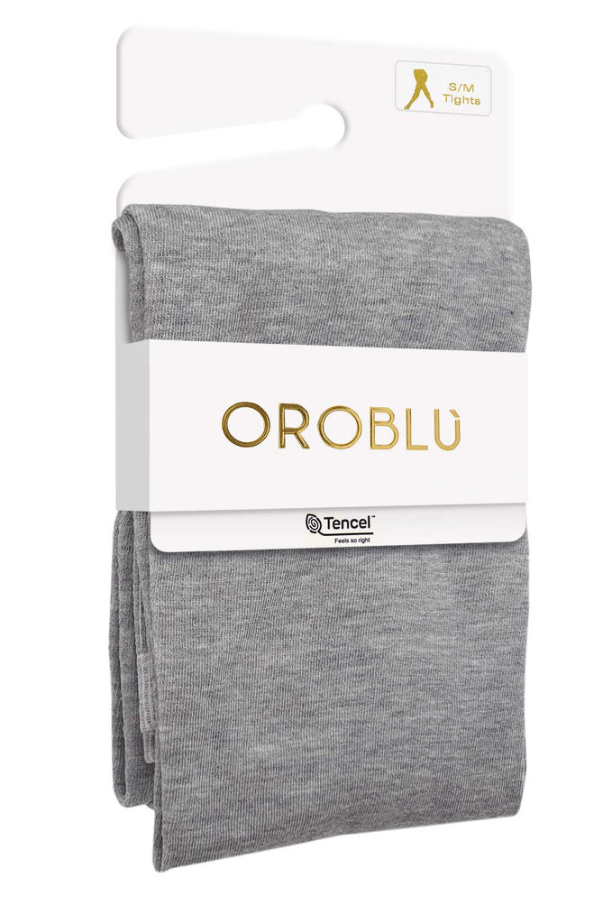 Packet, displaying, Oroblu grey melange, tencel tights.