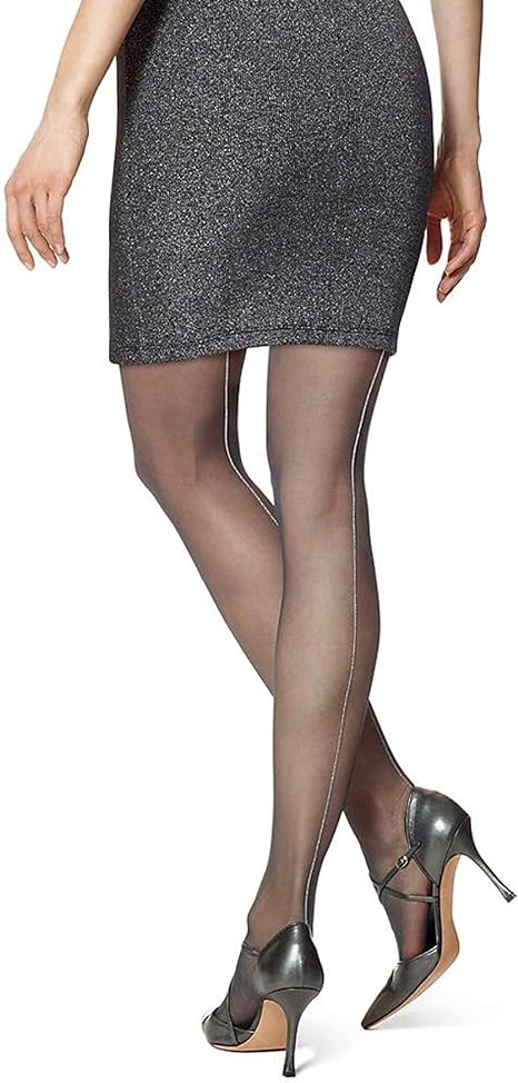 Back of lady's legs wearing silver back seam tights, black heels and a silvery grey skirt.
