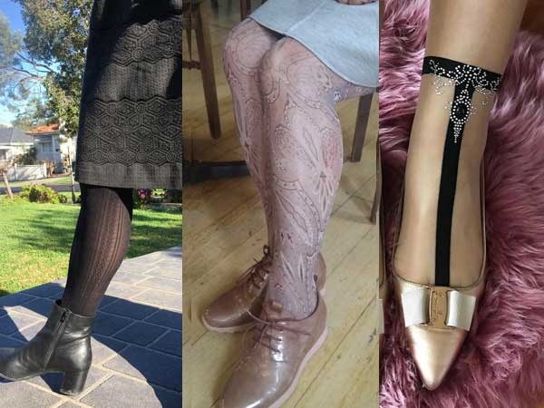 Close up of three lower legs of middle-aged women: one wearing black self-patterned tights in park, one wearing muted pink and purple floral tights in cafe, and one wearing sheer skin toned tights with a black ankle design on pink rug.