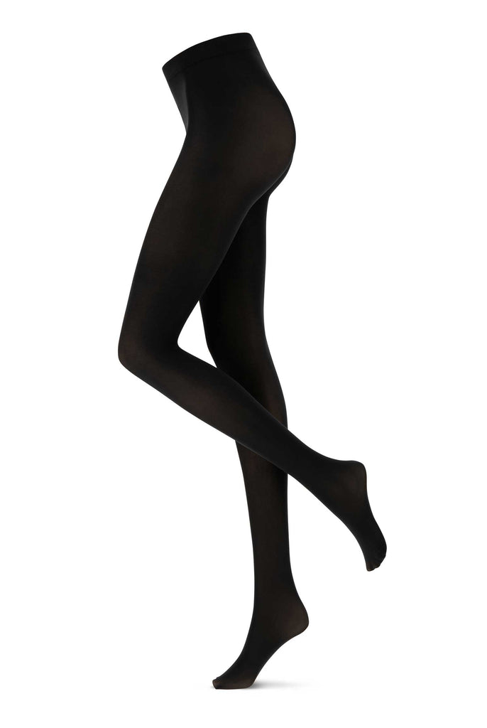 Side view of lady's legs raised, somewhat in black tights.