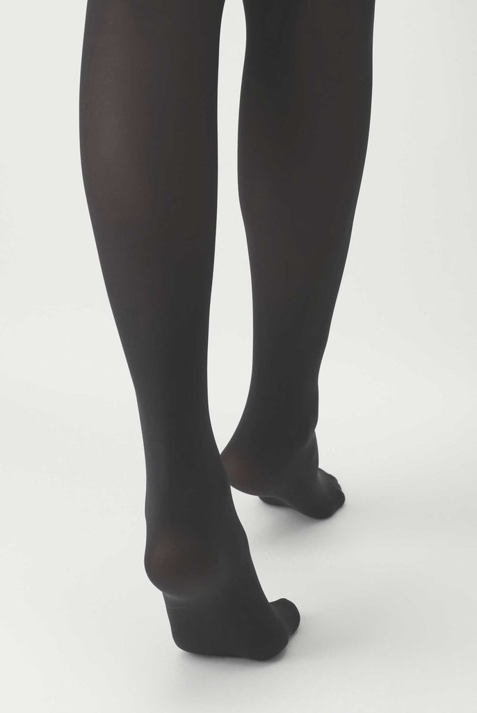 Back view of lady's legs in dark grey tights