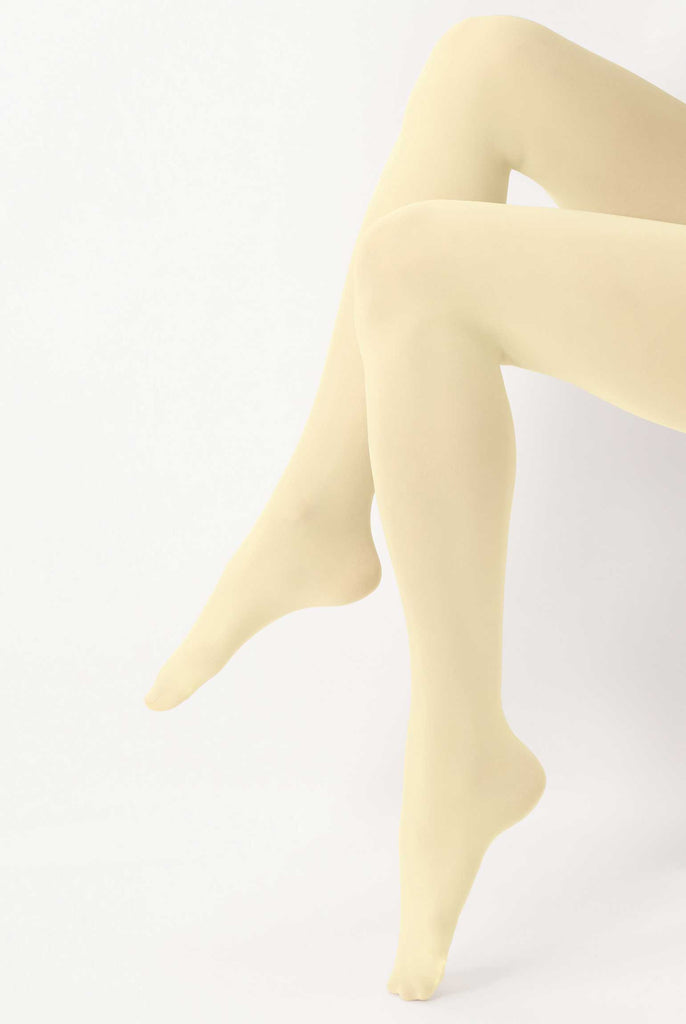Side view of lady's lower legs, slightly raised in cream tights.