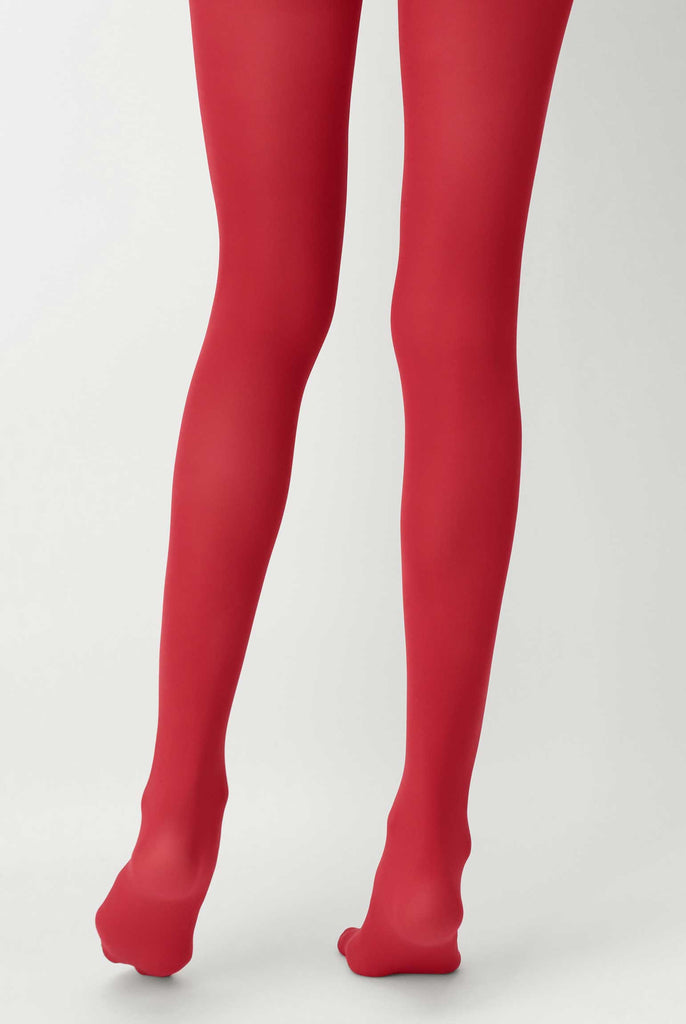 Back view of lady's legs in red tights.