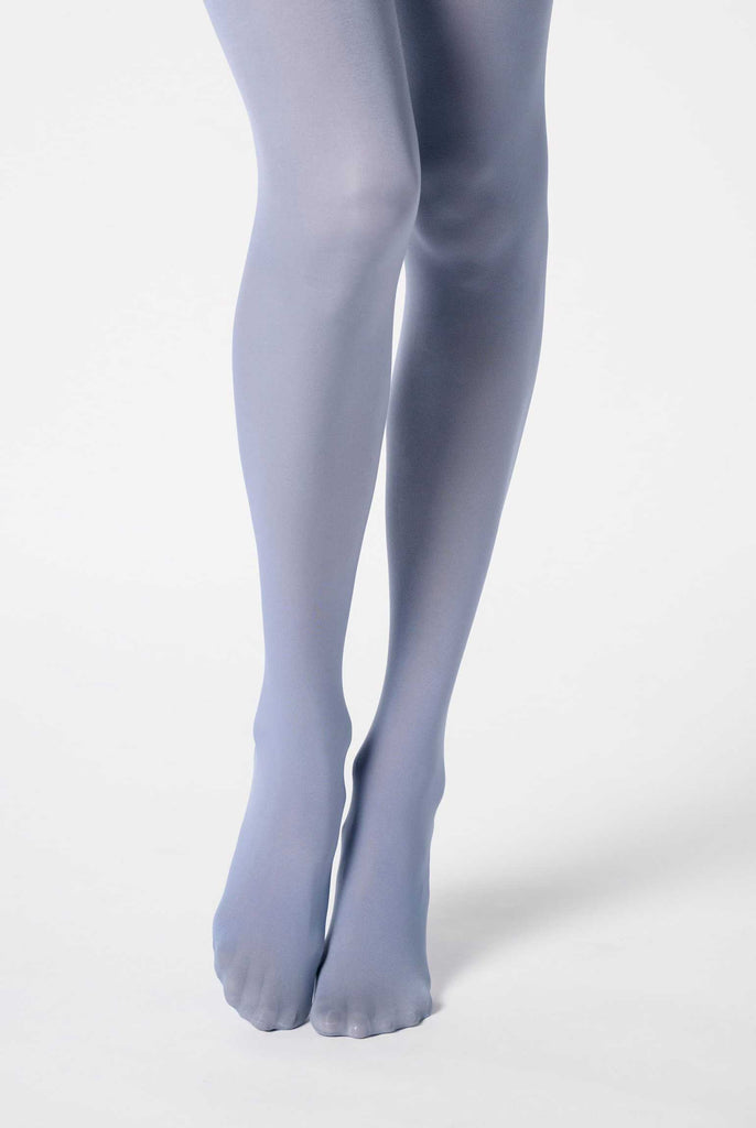 Front view of lad's lower legs in crystal blue tights.