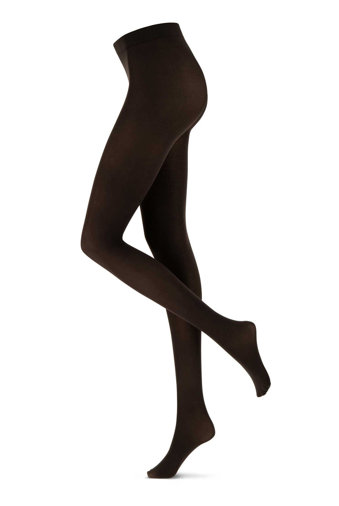 Side view of lady's legs wearing brown tights.