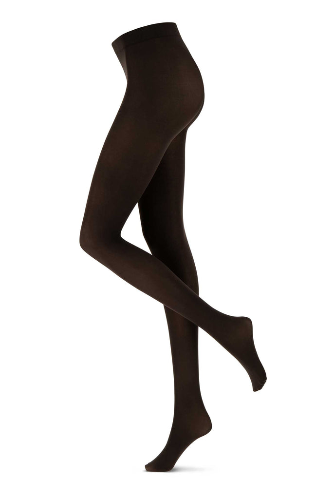 Side view of lady's legs, wearing dark brown tights.