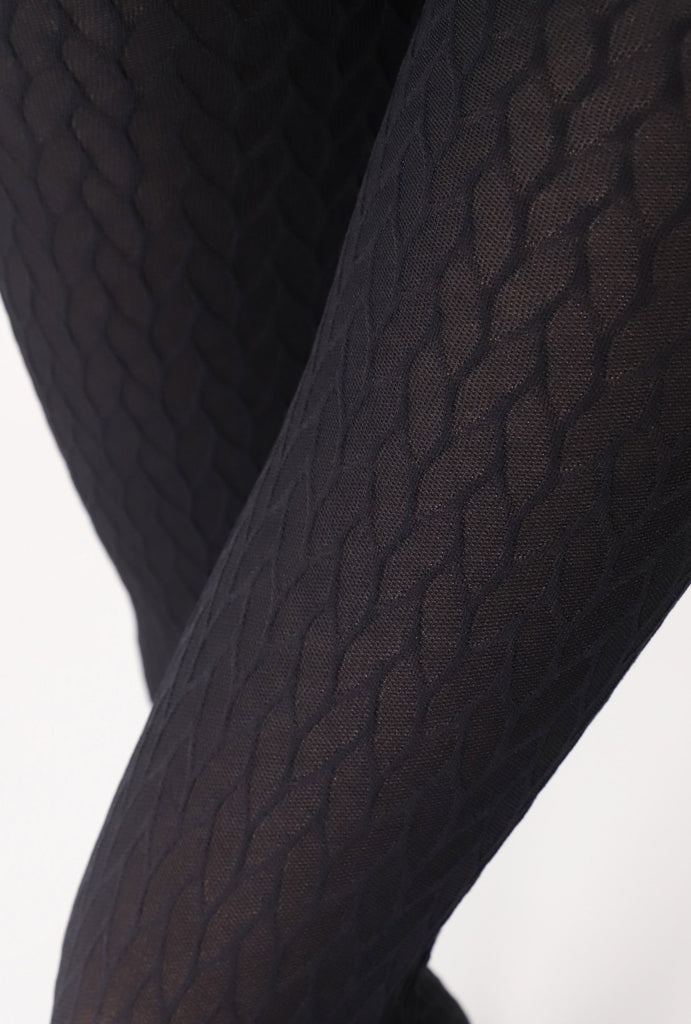 Close up of black patterned tights.