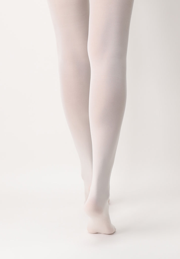 Back view of lady's legs wearing cream coloured tights.