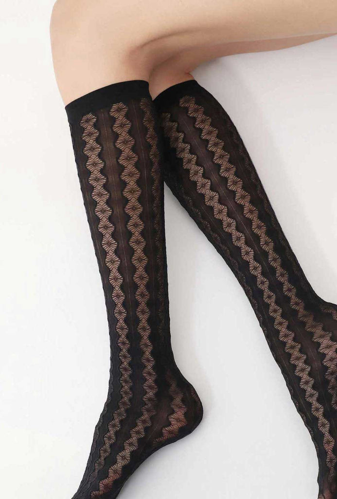 Side view of lady's lower legs wearing black lace knee highs