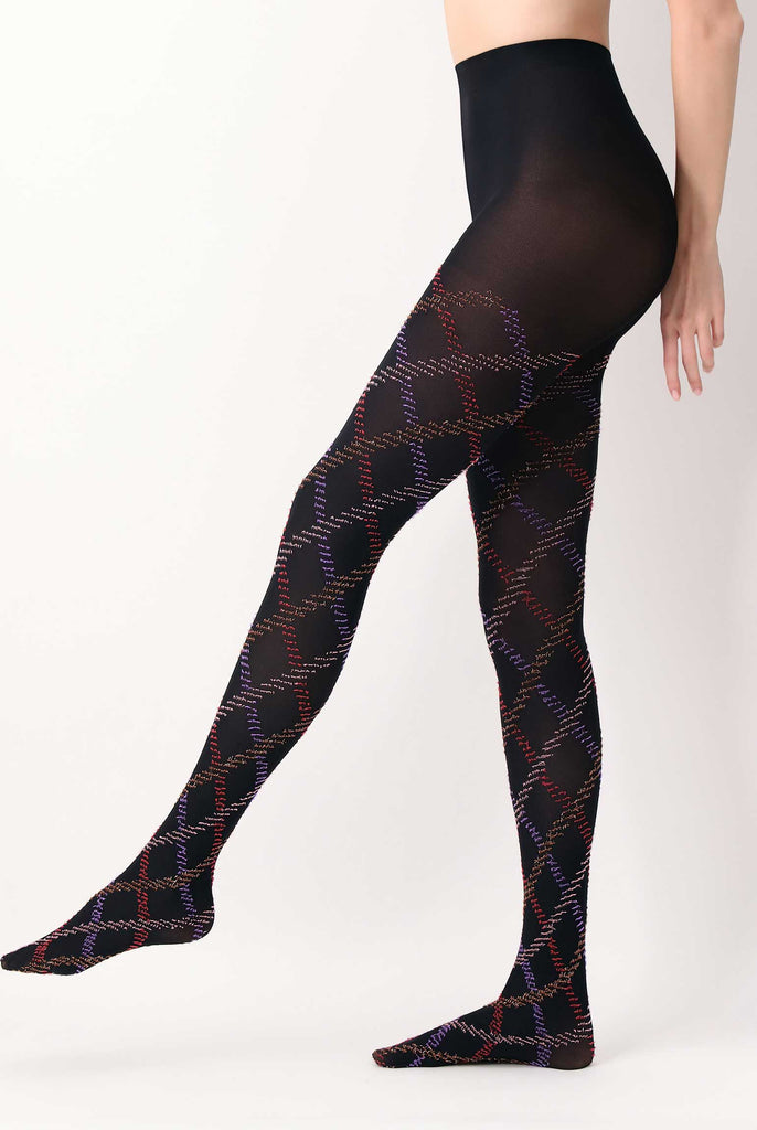 Side view of lady's legs in walking stance, wearing purple tartan pattern tights.