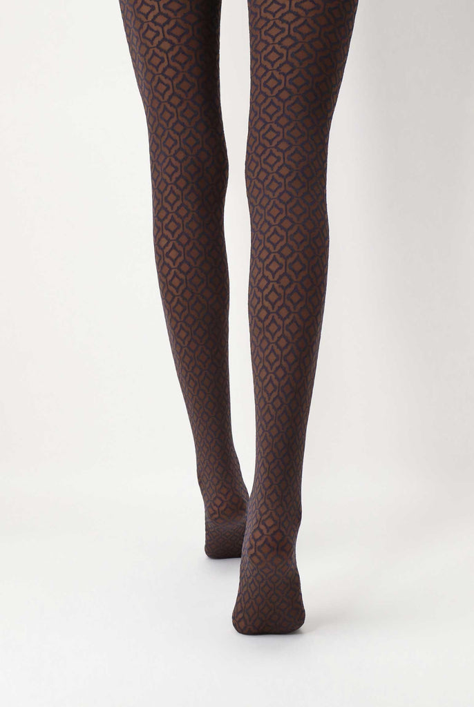 Back view of lady's legs in brown and black geometric tights.