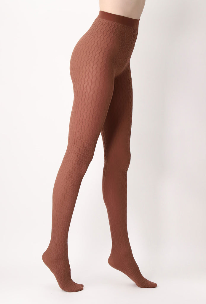 Side view of lady's legs in walking stance, wearing caramel, pattern tights.