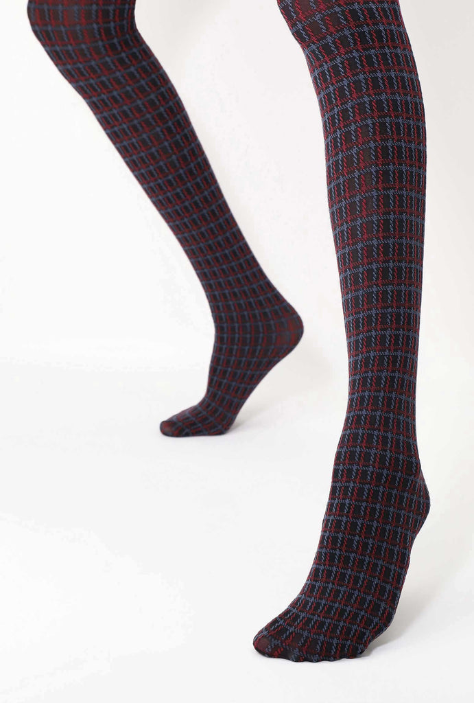 Front, side view of lady's lower legs, wearing tartan red and navy tights.