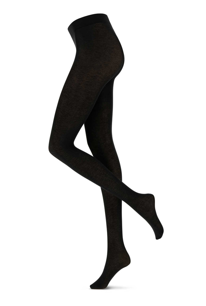 Side view of lady's legs in black tights.