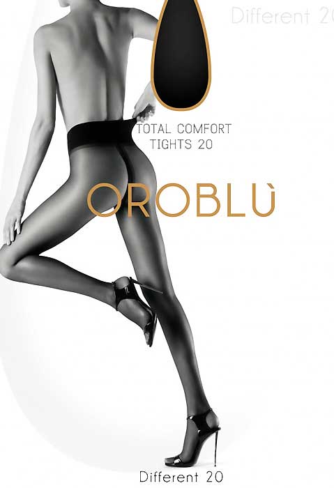 Front packet view of Oroblu Different 20 tights, featuring a lady wearing black sheer tights.