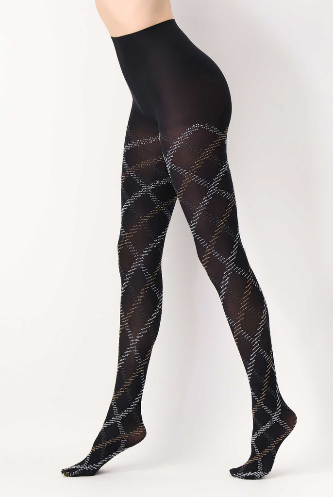 Side view of lady's legs in walking stance, wearing grey tartan pattern tights.