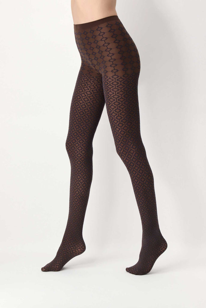 Side view of lady's legs, walking in brown and black geometric patterned tights.