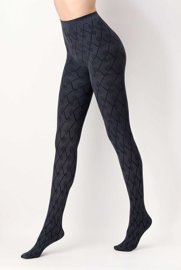 Side view of lady's legs, wearing grey and black jacquard patterned tights.