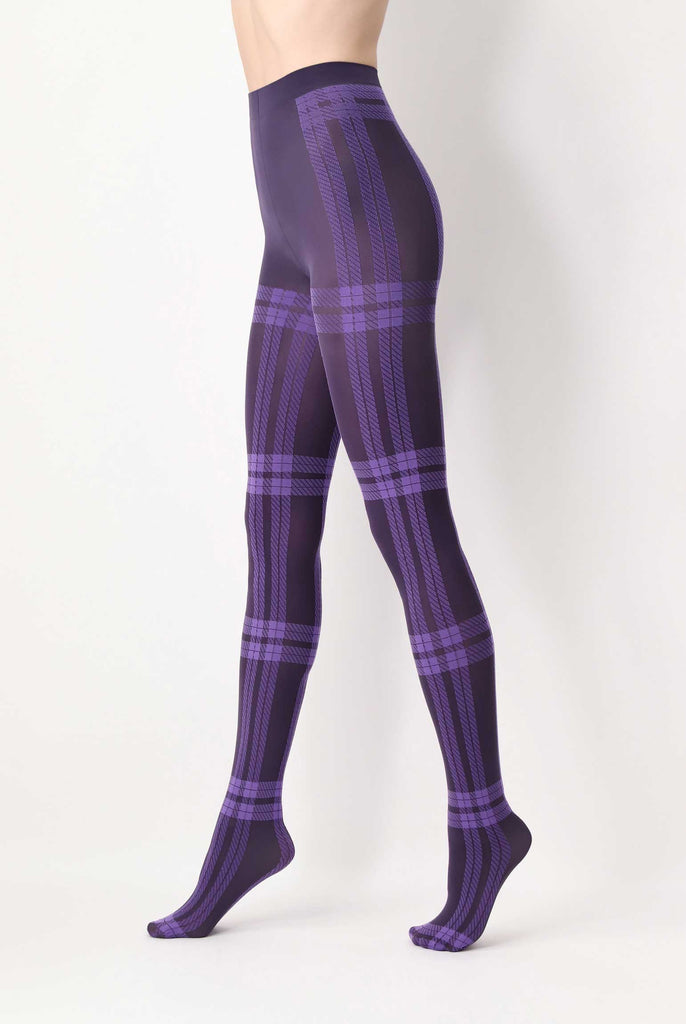 Side view of lady's legs in walking stance, wearing purple plaid tights.