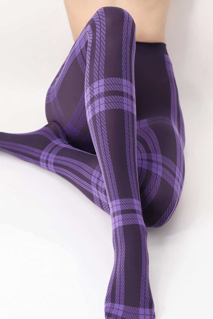 Front view of lady's legs in a crossed position, wearing purple check tights.