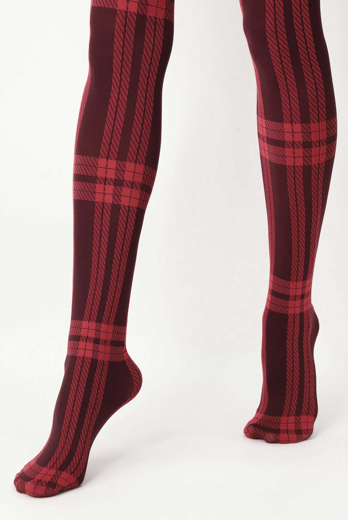 Front view of lady's lower legs wearing red check tights.