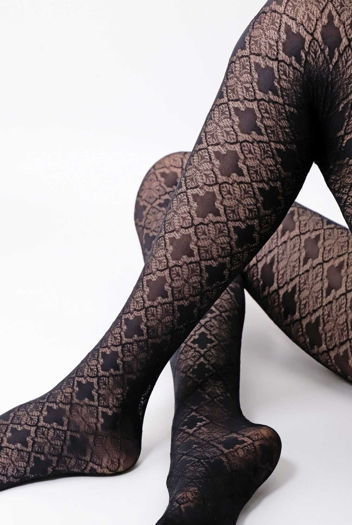 Lady's lower legs in black jacquard tights.