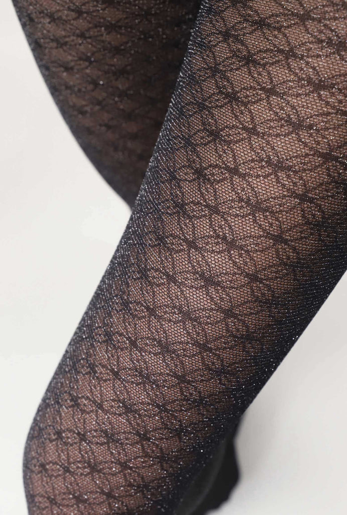 Side view of lady's upper legs, in black sparkly lace tights.