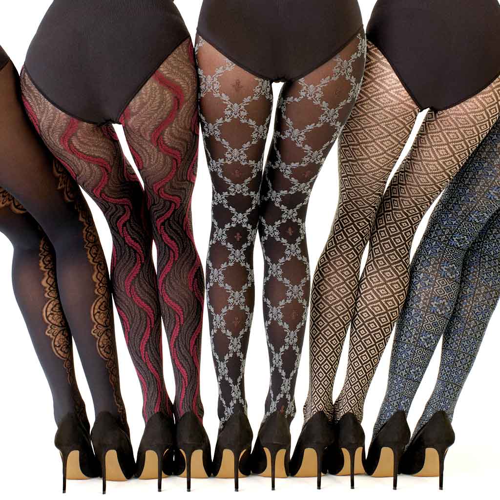 Rear view of five women each in different patterned opaque tights, standing hip-to-hip in black leotards and black high heels, cropped from hips down.