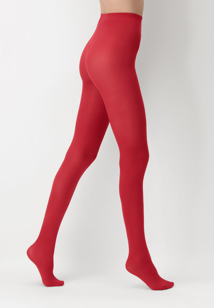 Side view of lady's legs wearing red tights.