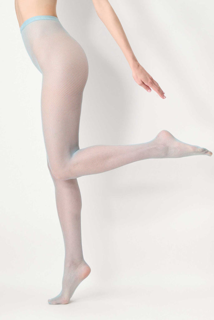 side view of lady's legs, kicking back and wearing sea green mesh tights.