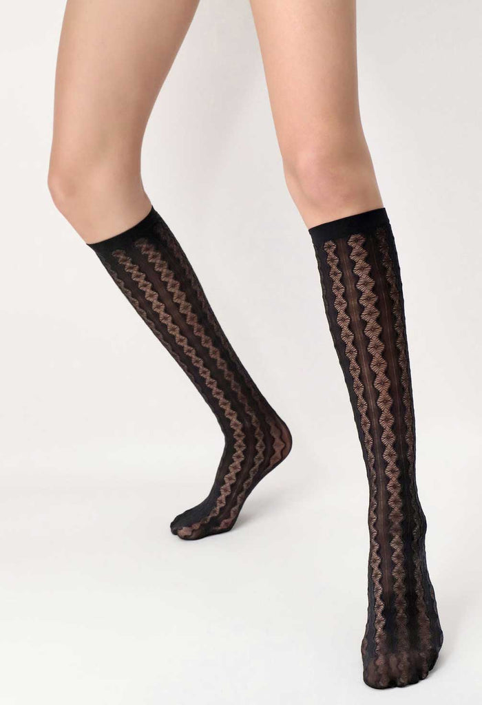 Front view of lady's lower legs, wearing black lace effect knee highs.